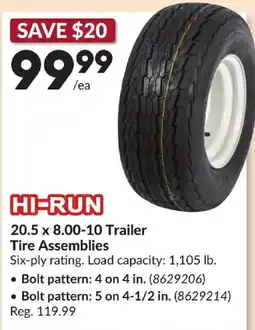 Princess Auto Hi-run 20.5 x 8.00-10 Trailer Tire Assemblies offer