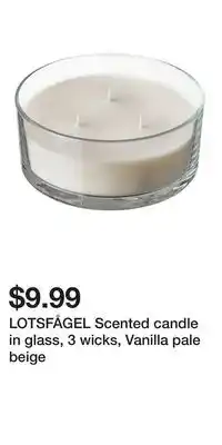 IKEA LOTSFÅGEL Scented candle in glass, 3 wicks, Vanilla pale beige offer
