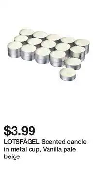 IKEA LOTSFÅGEL Scented candle in metal cup, Vanilla pale beige offer