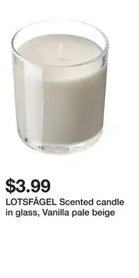 IKEA LOTSFÅGEL Scented candle in glass, Vanilla pale beige offer