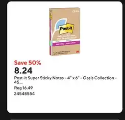 Staples Post-it Super Sticky Notes - 4 x 6 - Oasis Collection - 45 Sheets/Pad offer