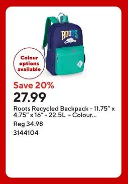 Staples Roots Recycled Backpack - 11.75 x 4.75 x 16 - 22.5L - Colour Block Logo - Navy Green offer