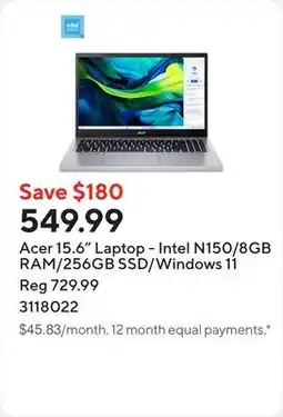 Staples Acer 15.6 Laptop - Intel N150/8GB RAM/256GB SSD/Windows 11 offer