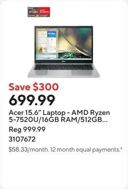 Staples Acer 15.6 Laptop - AMD Ryzen 5-7520U/16GB RAM/512GB SSD/Touchscreen/Windows 11 Home offer