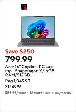 Staples Acer 16 Copilot+ PC Laptop - Snapdragon X/16GB RAM/512GB SSD/Windows 11 offer