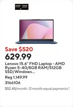 Staples Lenovo 15.6 FHD Laptop - AMD Ryzen 5-40/8GB RAM/512GB SSD/Windows 11 Home offer