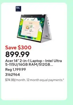 Staples Acer 14 2-in-1 Laptop - Intel Ultra 5-115U/16GB RAM/512GB SSD/Touchscreen/Windows 11 offer