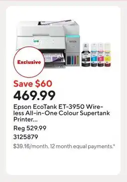 Staples Epson EcoTank ET-3950 Wireless All-in-One Colour Supertank Printer – White offer