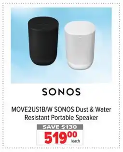 2001 Audio Video MOVE2US1B/W SONOS Dust & Water Resistant Portable Speaker offer
