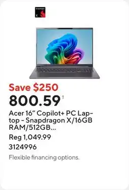 Staples Acer 16 Copilot+ PC Laptop - Snapdragon X/16GB RAM/512GB SSD/Windows 11 offer