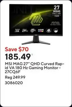 Staples MSI MAG 27 QHD Curved Rapid VA 180 Hz Gaming Monitor - 27CQ6F offer