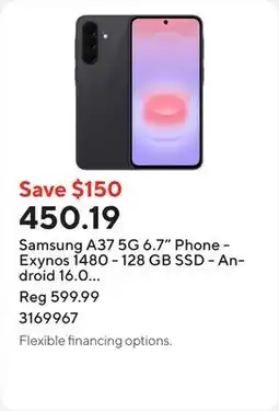 Staples Samsung A37 5G 6.7 Phone - Exynos 1480 - 128 GB SSD - Android 16.0 - Charcoal offer
