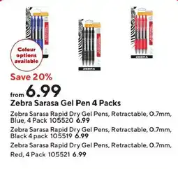 Staples Zebra Sarasa Gel Pen 4 Packs offer