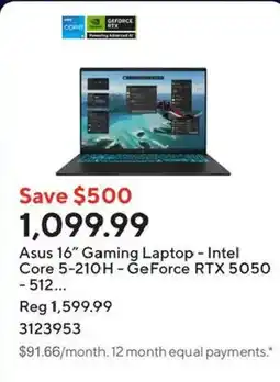 Staples Asus 16" Gaming Laptop offer