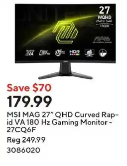 Staples msi mag 27" qhd curved rapid va 180 hz gaming monitor - 27cq6f offer