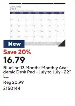 Staples Blueline 13 Months Monthly Academic Desk Pad offer