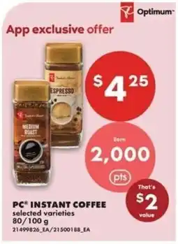 No Frills PC instant coffee selected varieties offer