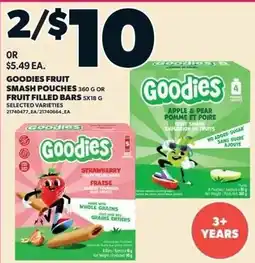 Zehrs Markets Goodies fruit smash pouches or fruit filled bars offer