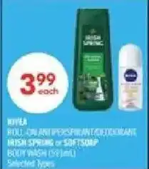 Shoppers Drug Mart Nivea roll-on antiperspirant deodorant or irish spring or soft soap body wash offer