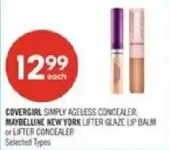 Shoppers Drug Mart Covergirl simply ageless concealer, maybelline new york lifter glaze lip balm or lifter concealer offer