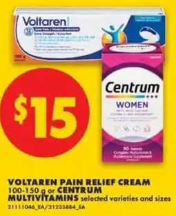 No Frills Voltaren pain relief cream or Centrum multivitamins selected varieties and sizes offer