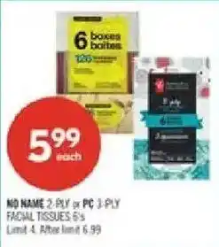 Shoppers Drug Mart No Name 2-ply or PC 3-ply facial tissues offer
