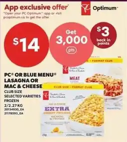 Zehrs Markets PC or blue menu lasagna or mac & cheese offer