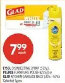 Shoppers Drug Mart Lysol disinfecting spray or Pledge furniture polish or Glad kitchen garbage bags offer