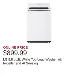 Costco LG 5.8 cu.ft. White Top Load Washer with Impeller and AI Sensing offer