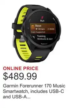 Costco Garmin Forerunner 170 Music Smartwatch, includes USB-C and USB-A Charging Cables offer