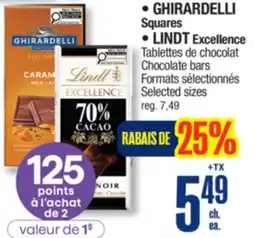 Jean Coutu GHIRARDELLI Squares, LINDT Excellence Chocolate bars Selected sizes offer