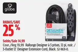 Canadian Tire Globe 3-Outlet 12´ Designer Extension Cord, Black offer