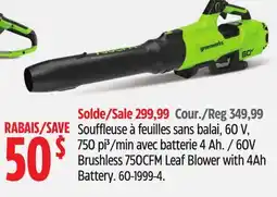 Canadian Tire 60V Brushless 750CFM Leaf Blower with 4Ah Battery offer