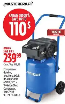 Canadian Tire Mastercraft 10-Gallon Shop Compressor. 4.0 CFM @ 90 PSI offer