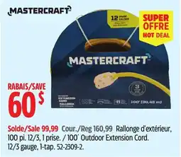 Canadian Tire Mastercraft 100´ Outdoor Extension Cord. 12/3 gauge, 1-tap offer