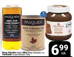 Pasquier Sirop d'érable 540ml, Miel 500g Pasquier ou Tartinade Laura Secord 725g offer