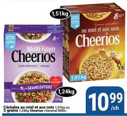 Pasquier Céréales au miel et aux noix 1,51 kg ou 5 grains 1,24 kg Cheerios General Mills offer
