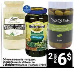 Pasquier Olives manzanilla Pasquier, Oignons sucrés Cibona ou Cornichons marinés Habitant offer