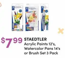 Apple Drugs Staedtler acrylic paints 12's, watercolor pans 14's or brush set 3 pack offer