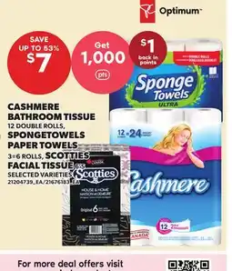 Independent Grocer CASHMERE BATHROOM TISSUE 12 DOUBLE ROLLS, SPONGETOWELS PAPER TOWELS, 3=63=6 ROLLS, FACIAL TISSUE 6'S offer