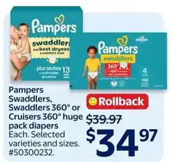 Walmart Pampers Swaddlers, Swaddlers 360° or Cruisers 360° huge pack diapers offer