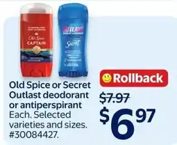 Walmart Old Spice or Secret Outlast deodorant or antiperspirant offer