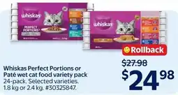 Walmart Whiskas Perfect Portions or Paté wet cat food variety pack offer