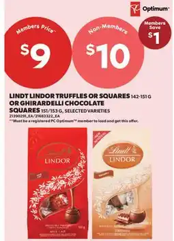 Real Canadian Superstore LINDT LINDOR TRUFFLES OR SQUARES, 142-151 G OR GHIRARDELLI CHOCOLATE SQUARES, 157 G offer