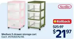 Walmart Sterilite medium 3-drawer storage cart offer
