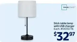 Walmart Mainstays stick table lamp with usb charger offer