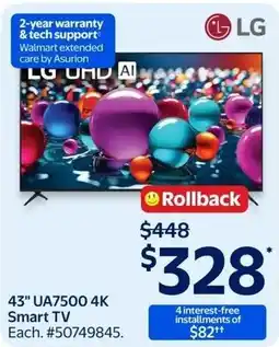 Walmart LG 43" UA7500 4K Smart TV offer