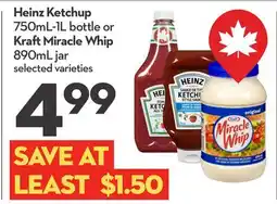 Longo's Heinz Ketchup 750mL-1L bottle or Kraft Miracle Whip 890mL jar offer