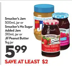 Longo's Smucker's Jam 500mL jar or Smucker's No Sugar Added Jam 310mL jar or Jif Peanut Butter 1kg jar offer
