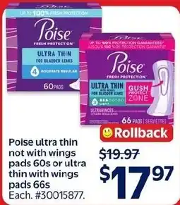 Walmart Poise ultra thin not with wings pads 60s or ultra thin with wings pads 66s offer